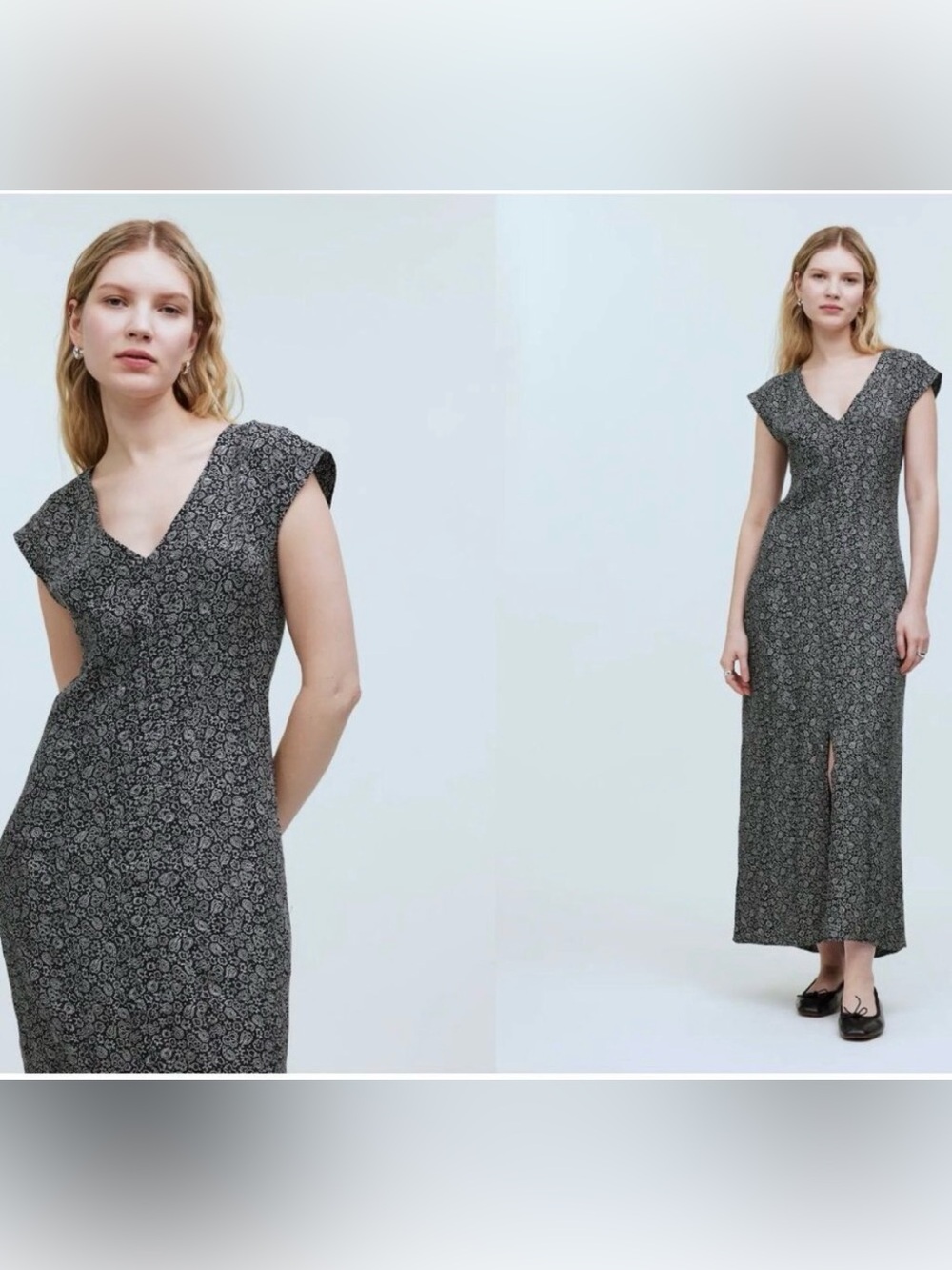 Madewell Cap-Sleeve V-Neck Midi Dress in Floral Cupro-Blend